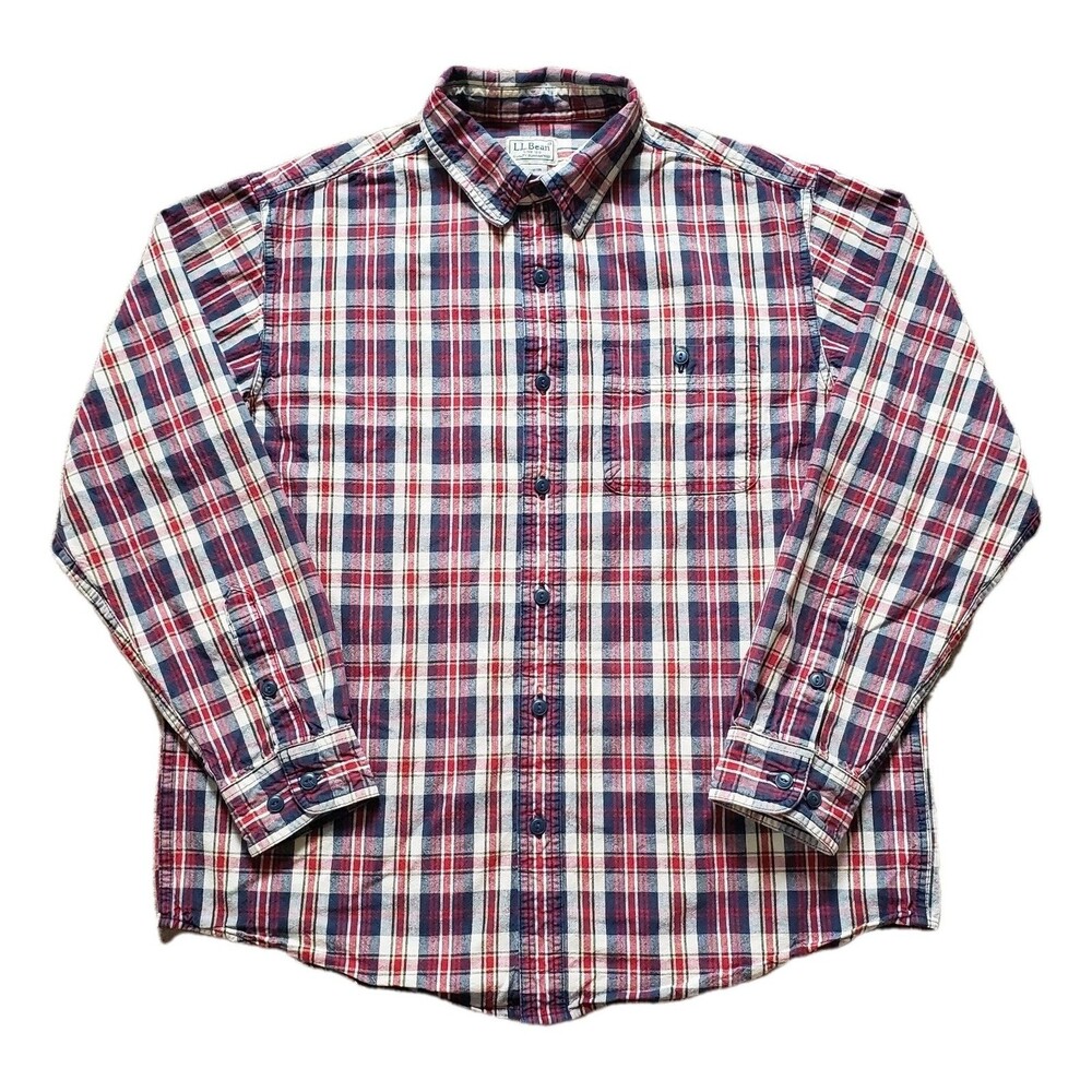 L.L. Bean Plaid Medium REG 100% Cotton Mens Red Navy Beige Long Sleeve Button Up